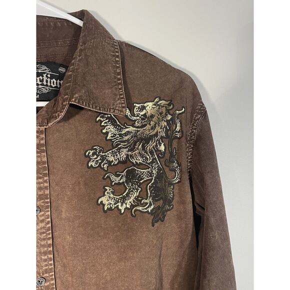 Affliction Gold Lion Brown Long Sleeve Button Up Graphic Print Men's Size M - Picture 5 of 11